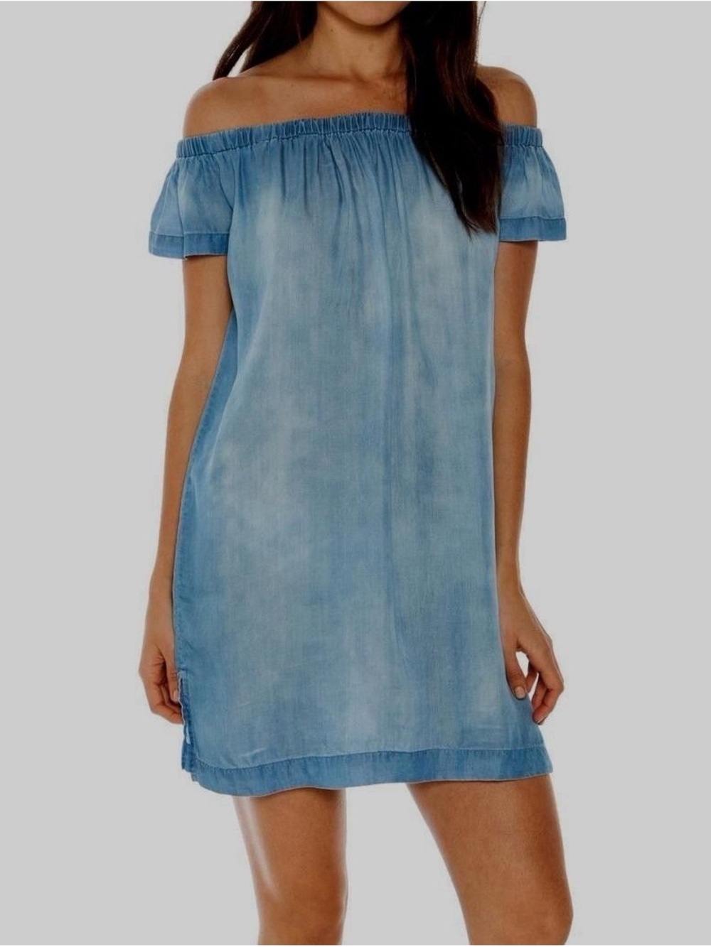 Anthropologie Cloth & Stone Off-Shoulder Mini Dress Blue Chambray Denim Western - Picture 14 of 15